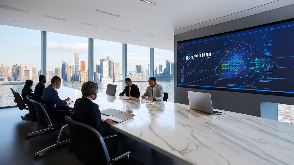 Business leaders in a conference room using AI predictive models to screen quality clients, with the first large model competition displayed on the wall