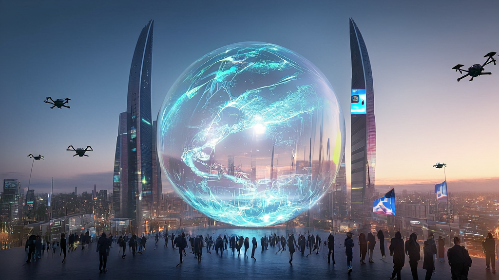 未来城市的AI优化跨境电商场景，展示个性化邮件营销和社交媒体互动