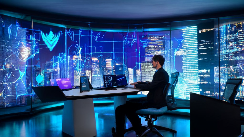 A futuristic office scene where AI optimizes cross-border e-commerce email marketing