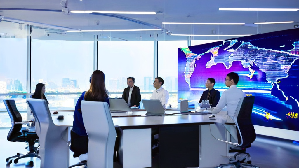 现代化办公室内员工利用AI技术优化跨境电商邮件自动化工具的工作场景