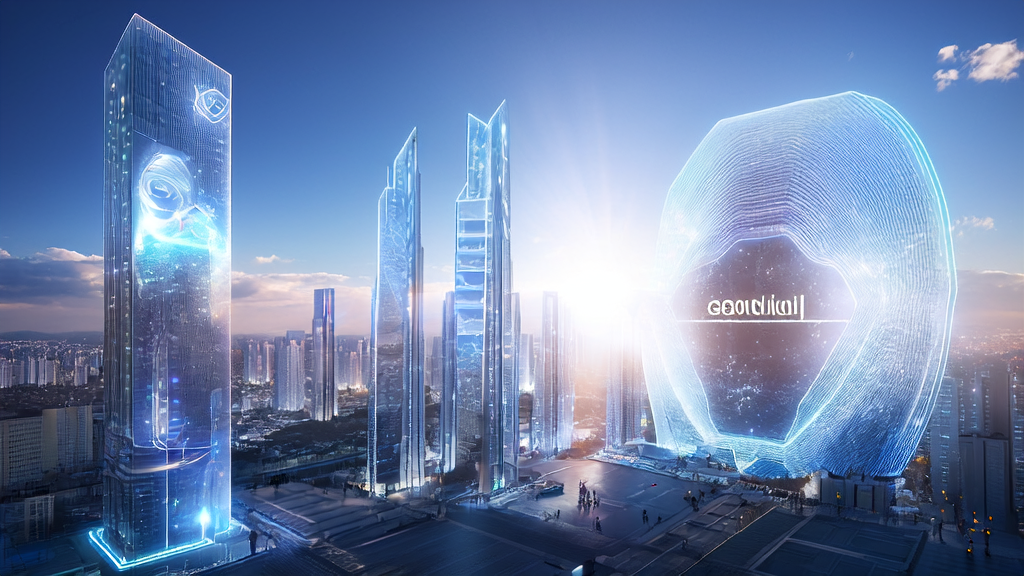 未来城市中的AI优化广告投放场景，展示智能广告屏幕和操作大脑模型