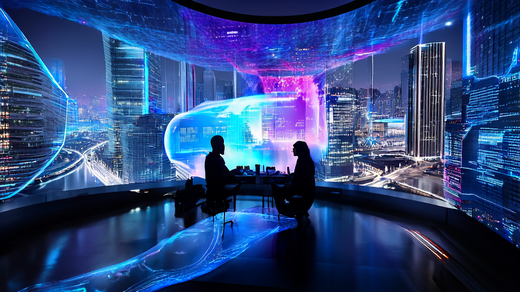 In a futuristic city, a data scientist uses AI technology to optimize cross-border e-commerce ad targeting, enhancing marketing effectiveness.