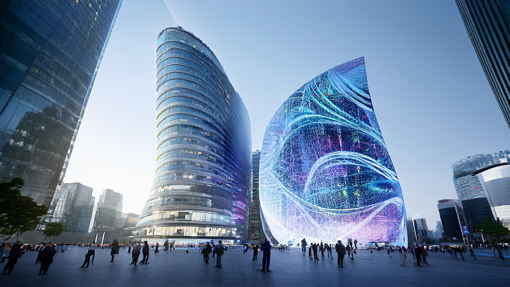 未来城市中的AI优化广告投放场景，展示现代广告技术和创意设计的结合