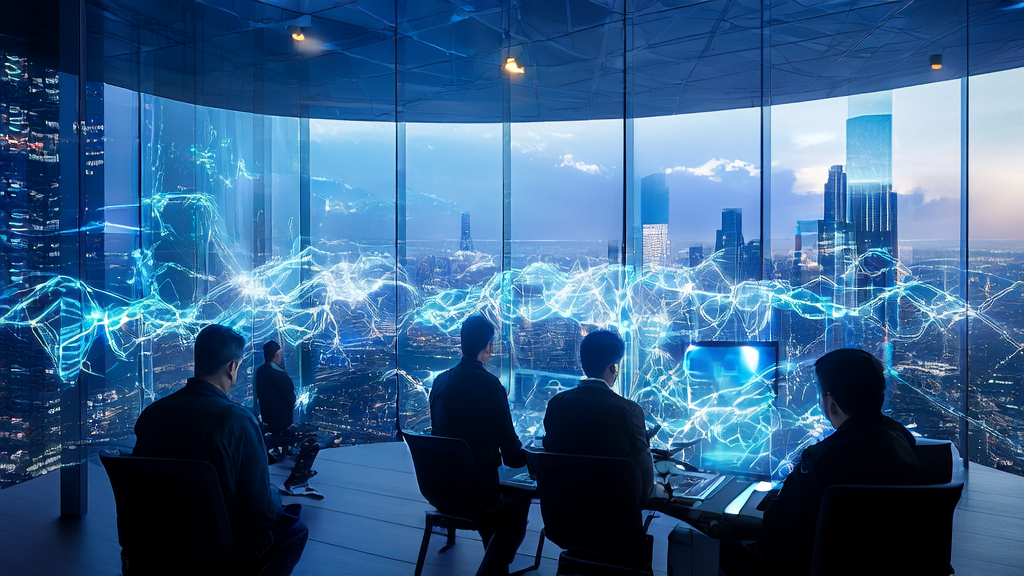 未来城市中的广告团队利用AI技术优化广告投放策略，展示专业级PPT和惊艳配图