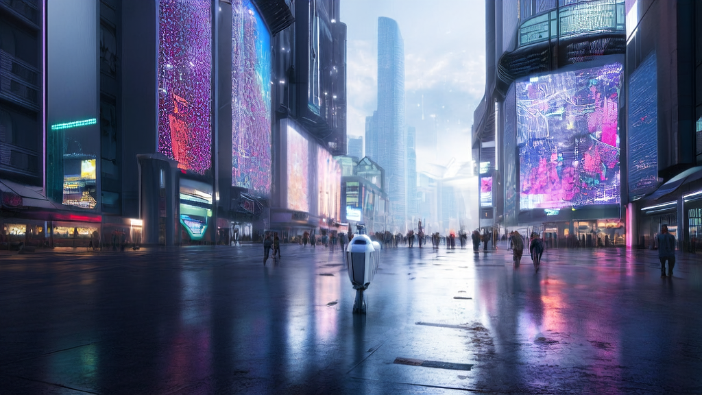 未来城市中，智能机器人通过AI技术分析行人并推送个性化广告，高楼大厦上DeepMind标志预示着“最小AGI”时代的到来。