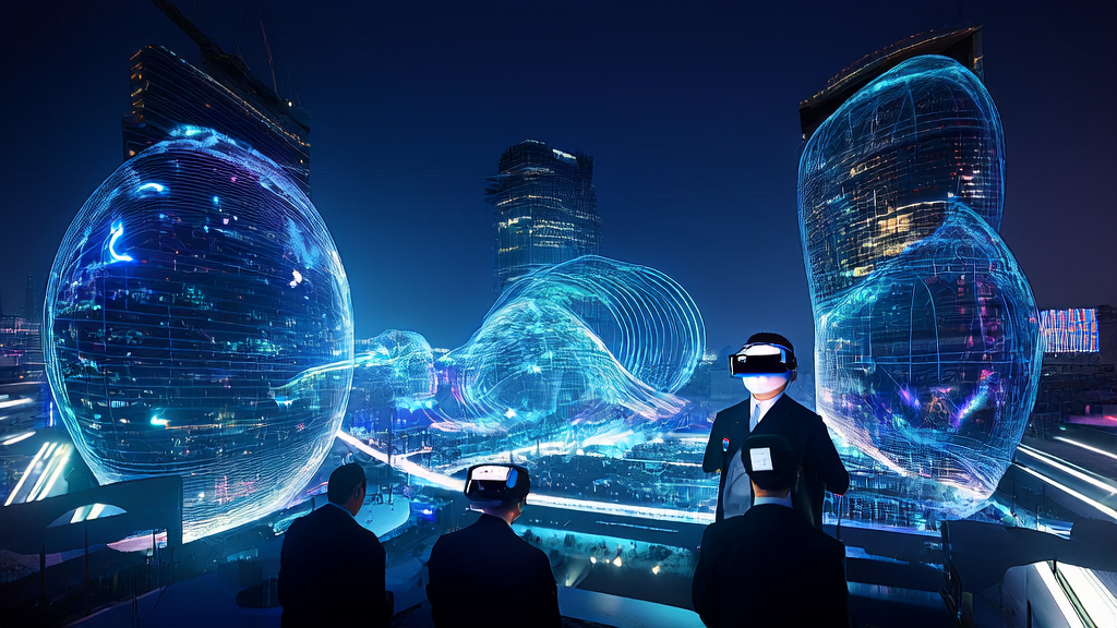 Technicians in a futuristic city optimizing ad placements using AI, monitoring and adjusting ad effectiveness in real-time