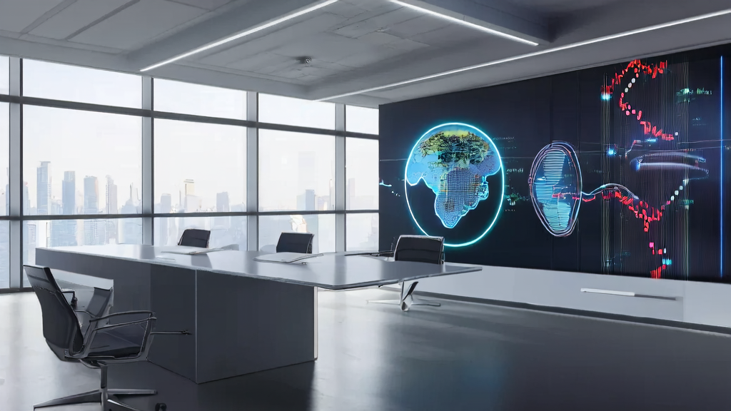 现代化办公室中，广告团队利用Poe AI群聊功能进行实时协作和广告优化