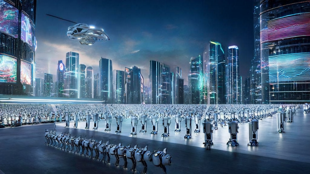 Intelligent robots and large advertising screens showcasing the precise targeting of AI-optimized advertising campaigns, attracting passersby's attention.