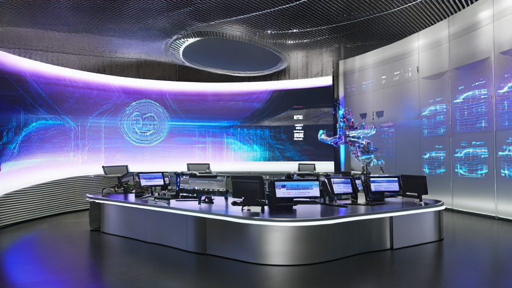 现代化广告控制中心,工程师使用AI系统优化广告投放,机器人助手协助工作