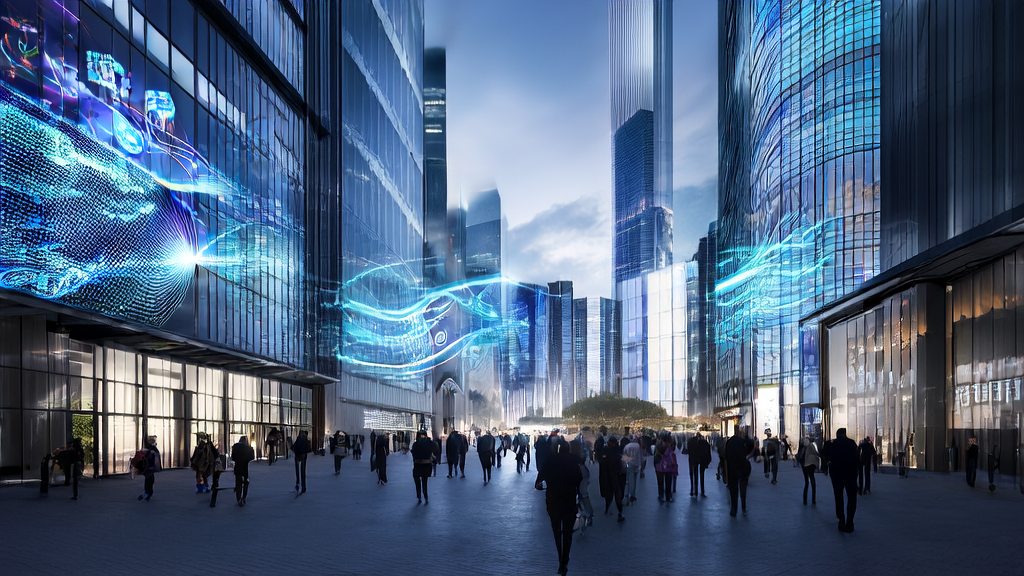 未来城市中的AI优化广告投放中心，高科技大楼和智能广告牌展示了个性化广告内容。