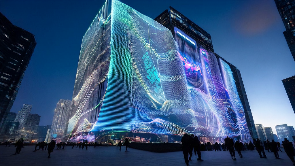 An AI-optimized advertising center in a futuristic city, showcasing real-time ad targeting effects