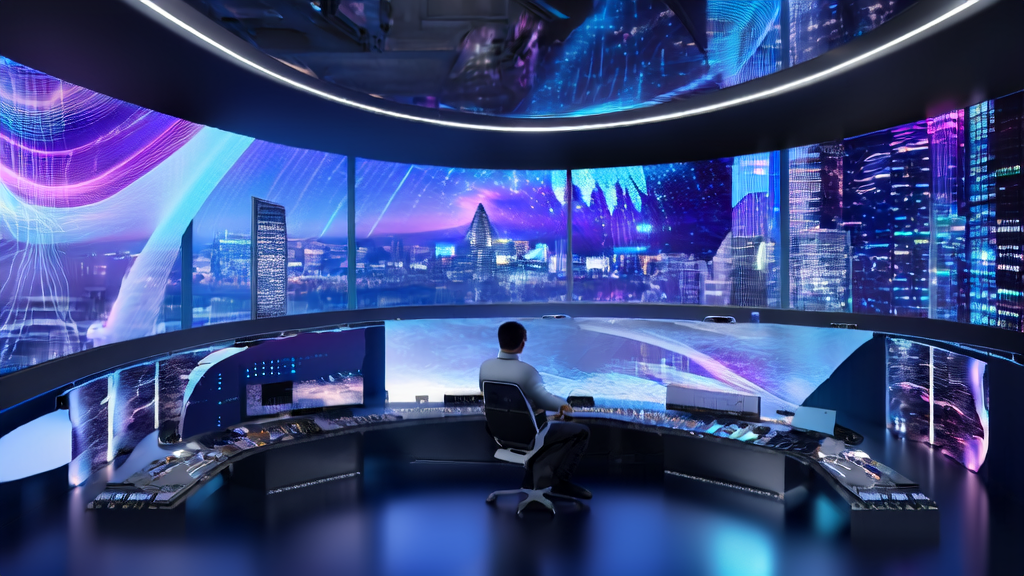 现代化控制中心,显示AI优化广告投放的数据流和用户画像,分析师正在调整策略