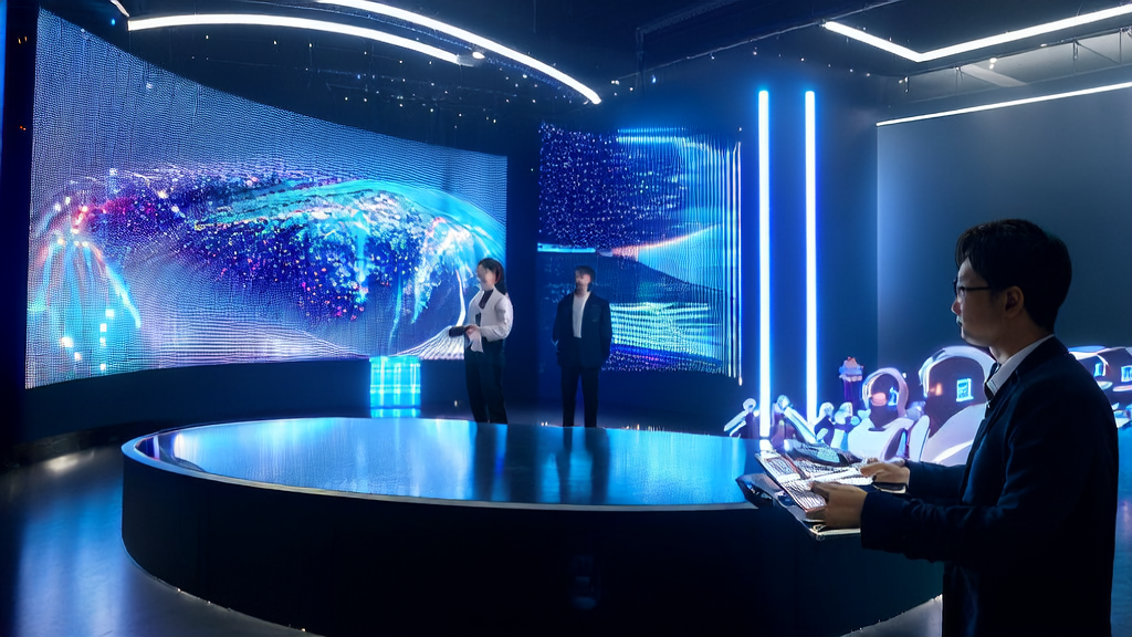 Modern advertising control center showcasing Rivian's self-developed AI chip and its application in ad placement