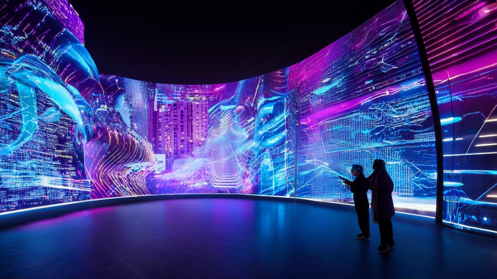 Modern advertising control center where an analyst uses AI technology to optimize ad placements, with multiple devices working in sync in the background.