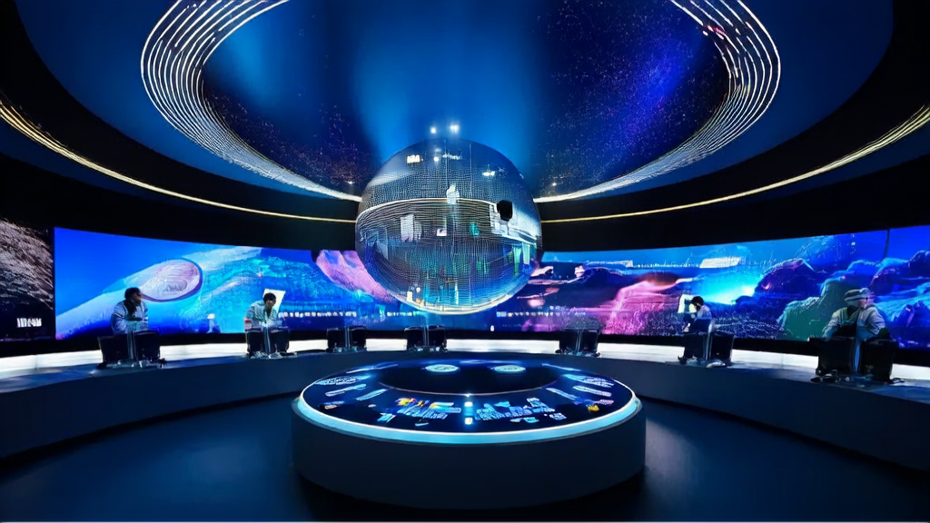 Modern advertising control center showcasing JD's AI chip, highlighting intelligent and precise ad targeting with AI optimization