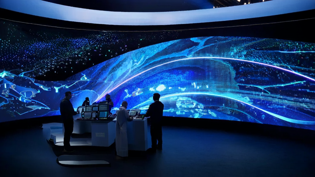 现代化的控制中心展示AI优化广告投放系统的实时运行状态,工程师们密切监控广告效果