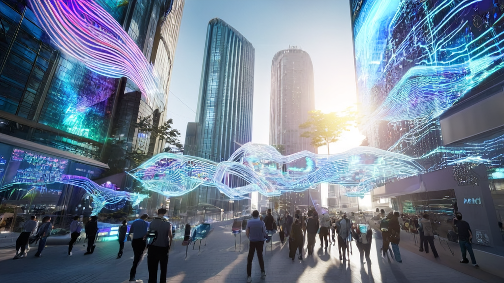 Scene of AI-optimized advertising in a futuristic city: smart devices, chatbots, and data streams showcasing precise marketing and cost reduction