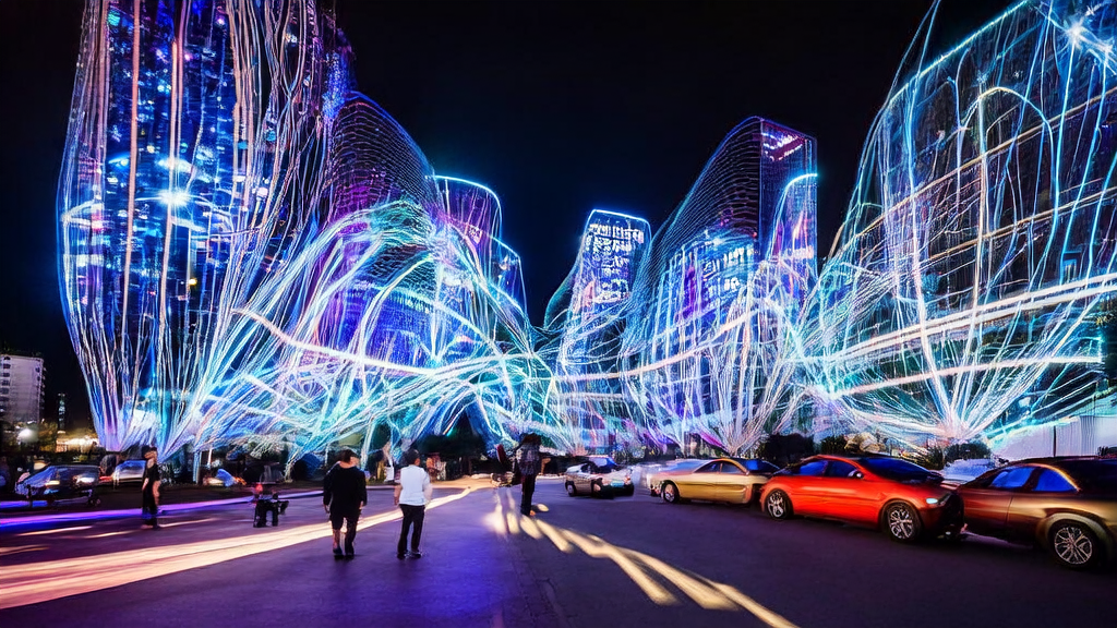 未来城市的广告投放场景，展示AI技术如何通过语义专线和边缘云计算优化广告投放，帮助跨境电商实现高精准低CPA。