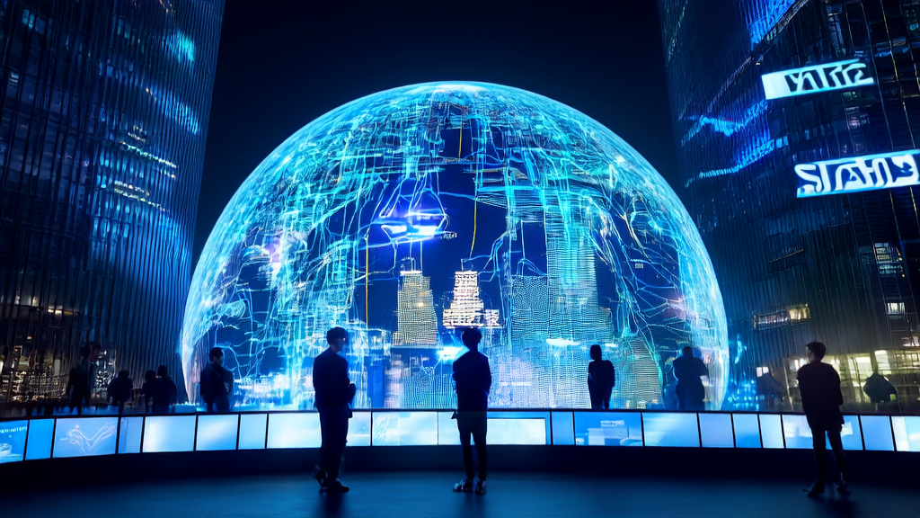 未来城市中的AI优化广告投放控制台，展示跨境电商广告投放效果和PayPal与OpenAI的合作标志