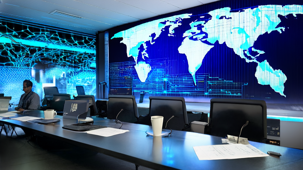 在充满科技感的办公室中，工程师们正在利用AI技术优化跨境电商广告投放策略。