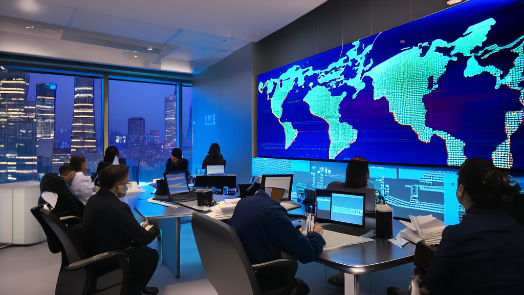 数据科学家们在办公室内讨论AI优化广告投放策略,背景是繁华的城市夜景