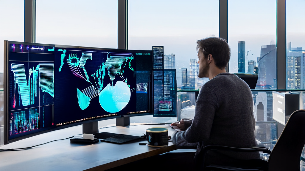 一名数据科学家在现代化办公室中使用AI优化跨境电商广告投放