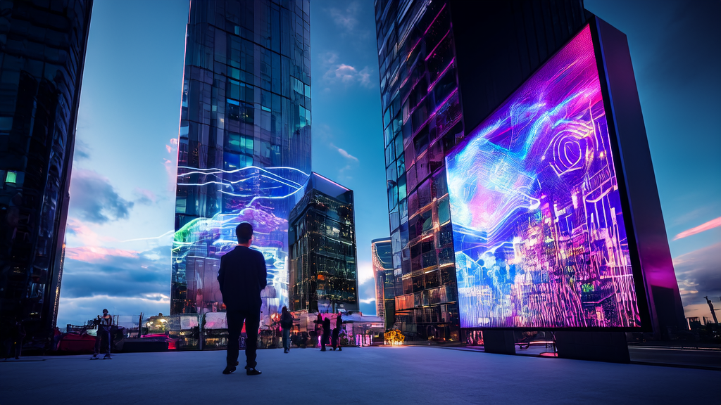 A futuristic city street showcasing AI-optimized advertising and Meta's Vibes platform