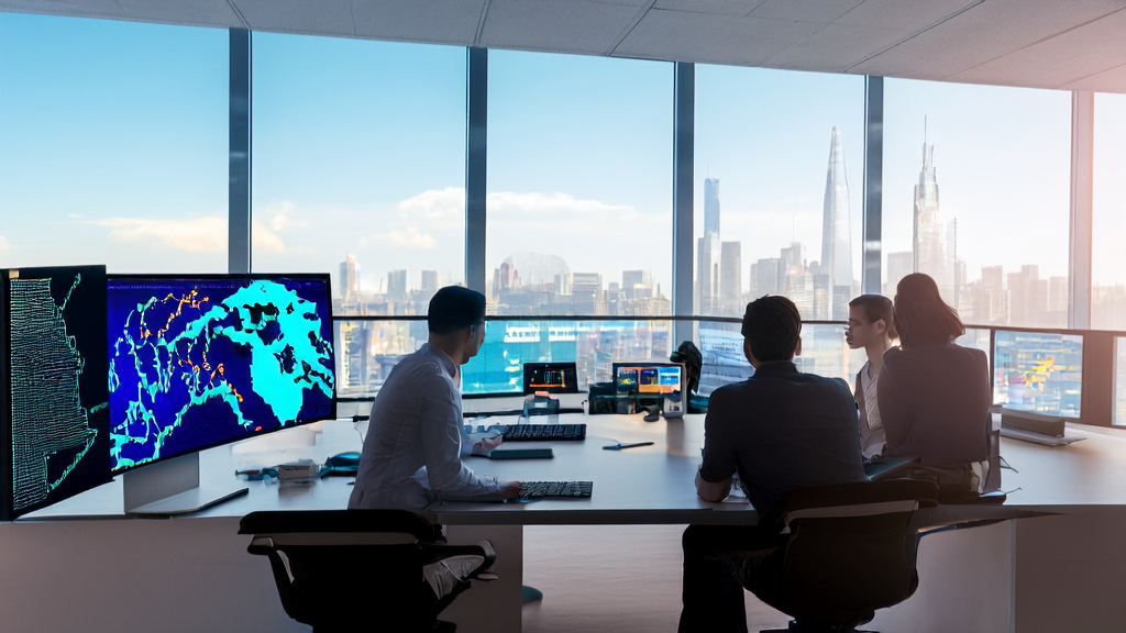 现代化办公室内，团队正在讨论利用AI技术优化跨境电商广告投放策略。