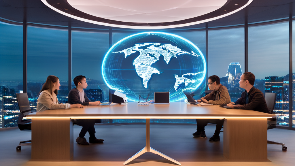 In a tech-filled office, young entrepreneurs use AI technology to optimize cross-border e-commerce advertising, achieving low cost and high conversion.