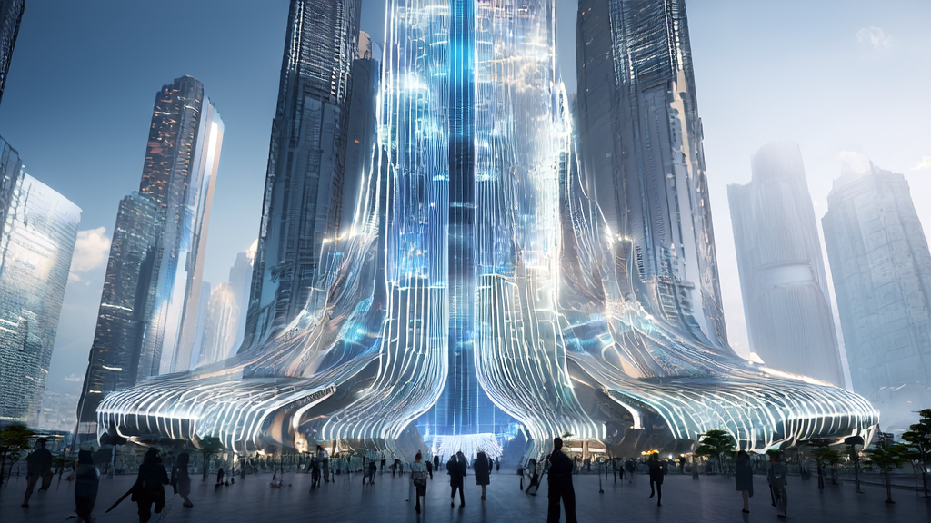 未来城市的跨境电商大楼前矗立着AI机器人雕塑，展示AI优化广告投放的新趋势。