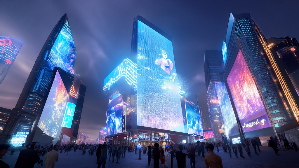 In a futuristic city, people interact with 3D ads via smart devices, showcasing the application scenario of AI-optimized advertising.