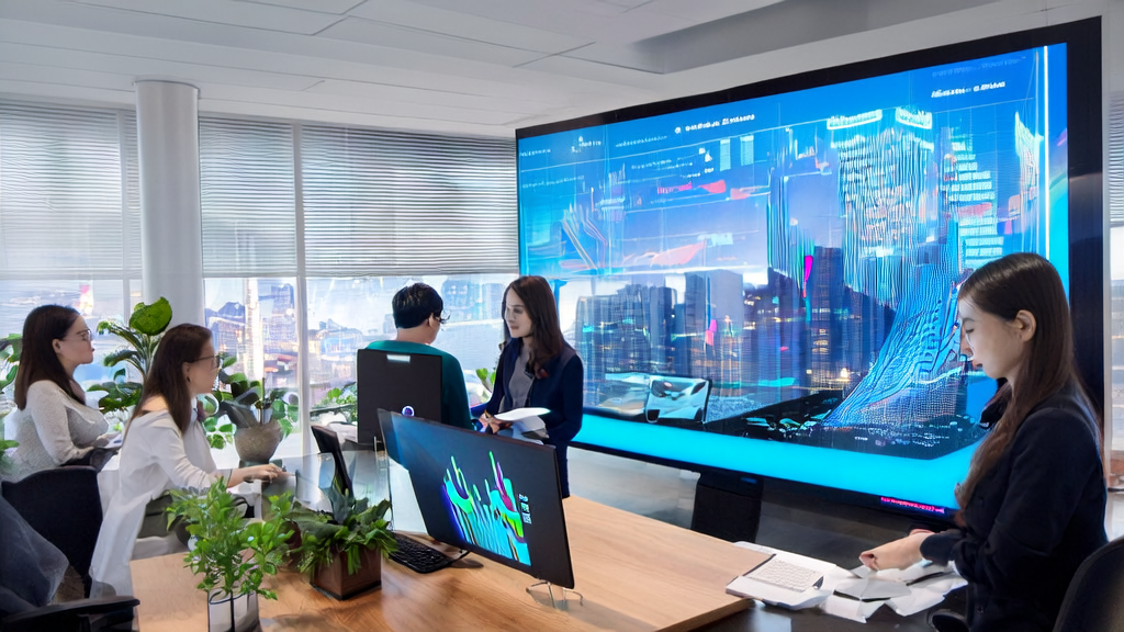 Data analysts discussing AI-optimized advertising strategies in a modern office