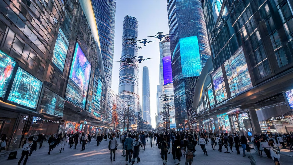 未来城市中AI优化广告投放的场景，展示跨境电商如何通过AI技术精准触达目标人群并降低CPA。