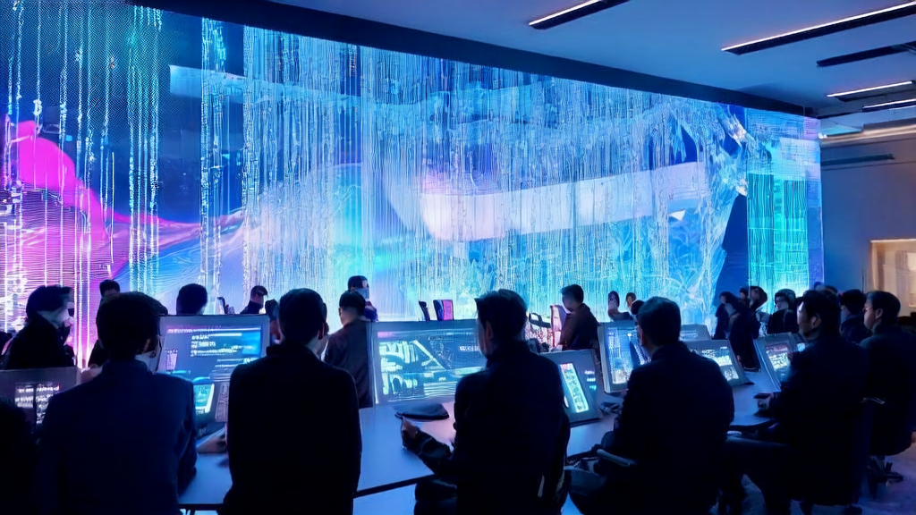 A high-tech advertising agency in a futuristic city, showcasing AI-optimized ad placement and real-time data analysis