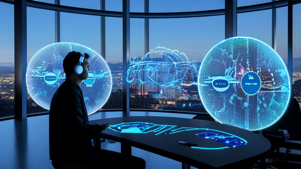 In a modern office, analysts use AI systems to optimize advertising strategies while ElevenLabs' AI voice assistant handles incoming calls.