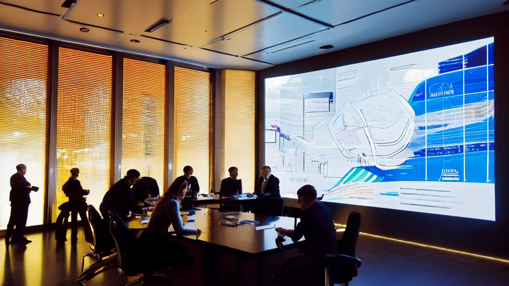 阳光下的现代化办公大楼，数据科学家和营销专家正在讨论AI优化广告投放策略，智能机器人在过道中穿梭。