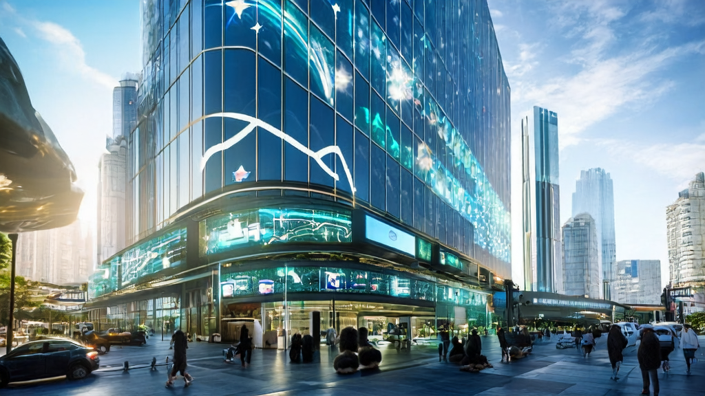 未来城市中的跨境电商公司通过AI技术优化广告投放，桌上的羊毛毡大熊猫戴着大檐帽