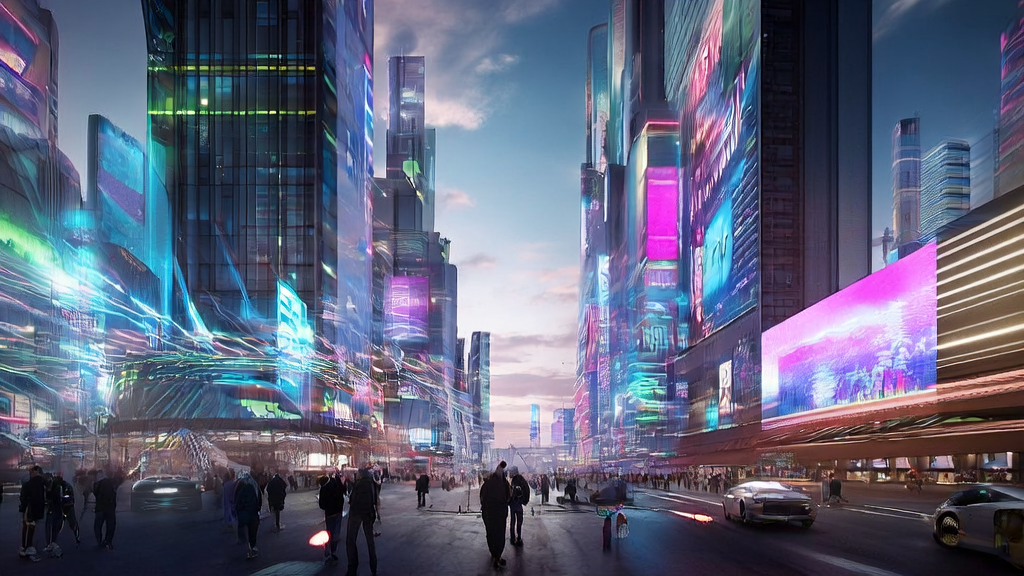 在充满未来感的城市中，AI系统实时分析数据，优化广告投放策略，确保精准触达目标人群。