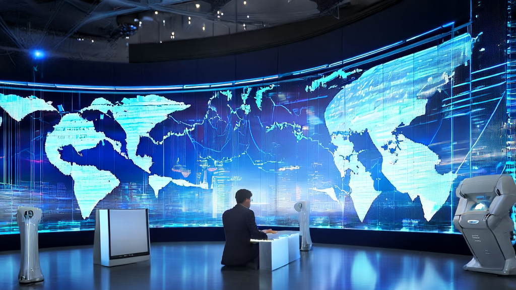 现代化办公室中，分析师们利用AI技术优化广告投放策略，背景墙上的全球地图显示全球市场动态，智能机器人提供数据分析支持。