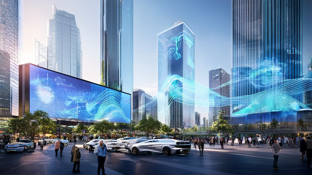 未来城市的科技公司内,员工们正使用AI技术优化广告投放,降低CPA并精准触达目标人群。