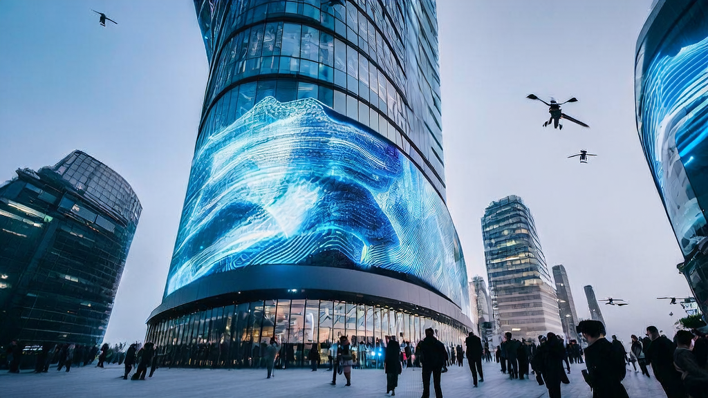 未来城市的智能广告屏幕前,创业者通过阿里千问APP优化广告投放策略