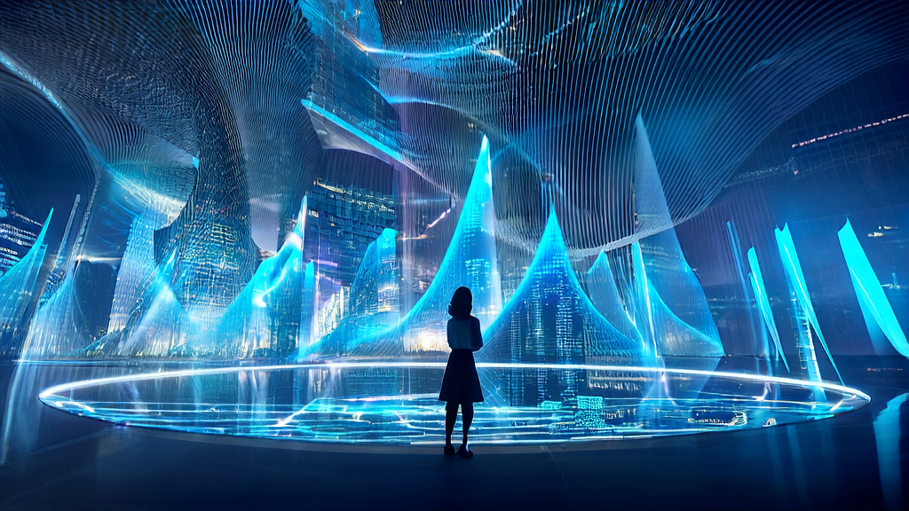 A high-tech scene in a future city where AI optimizes advertising targeting