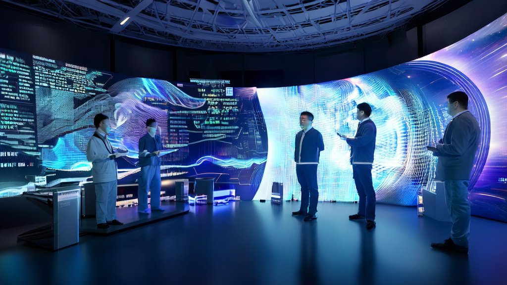 A futuristic digital marketing control center where engineers monitor AI-optimized advertising performance in real-time using smart terminals