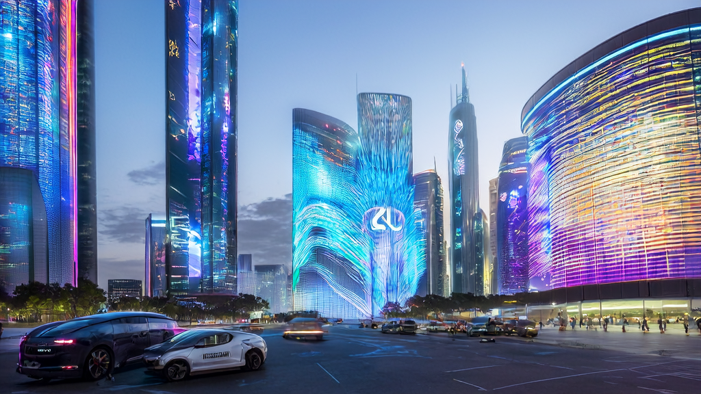 A futuristic cityscape showcasing how AI technology optimizes ad targeting and reduces costs