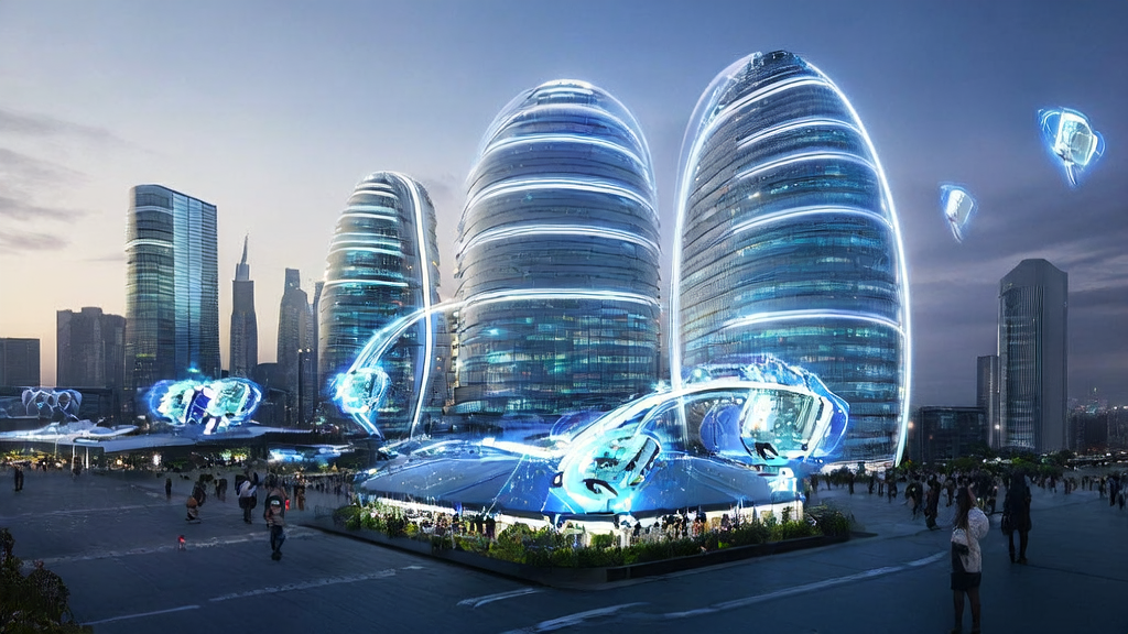 未来城市中的AI优化广告投放场景,高科技显示屏和智能机器人提供个性化推荐