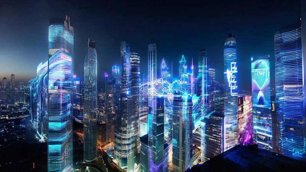 A futuristic city scene showcasing AI-optimized advertising with high-tech buildings and real-time data analysis