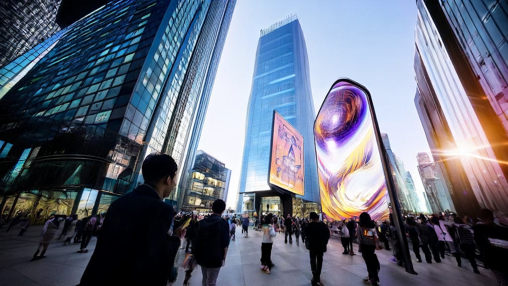 未来城市的街头，创业者展示Hailuo2.3生成的个性化视频广告，吸引路人驻足观看