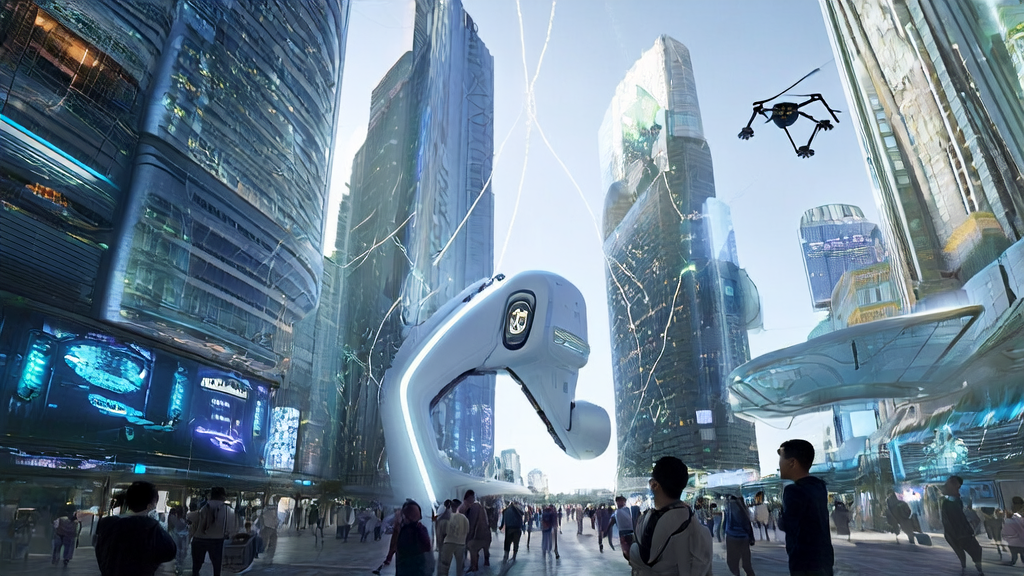 未来城市的高楼间,智能机器人和无人机展示个性化广告,人们手中的设备同步显示相关内容。