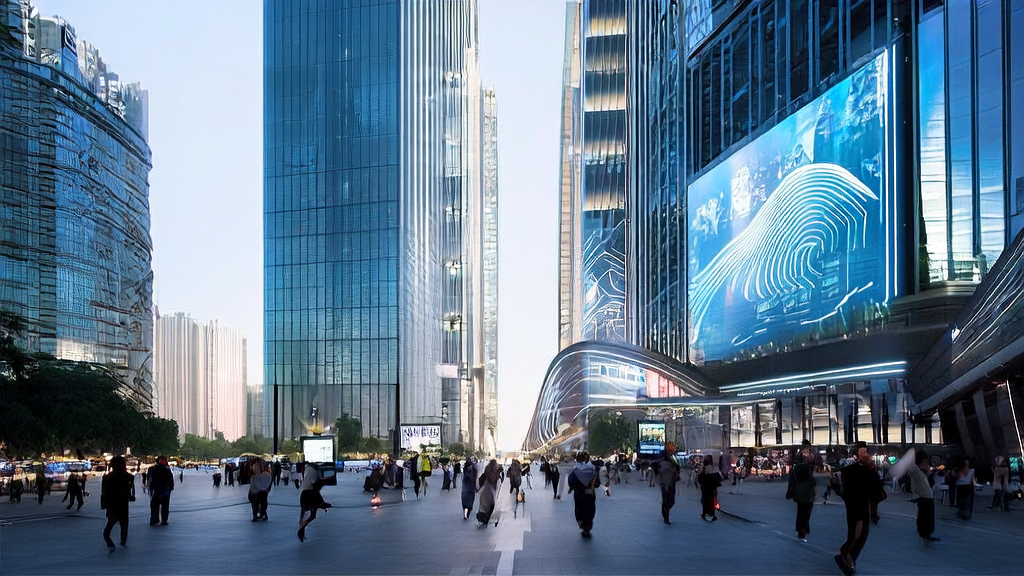 未来城市的街头,巨大的广告屏幕展示AI优化广告投放技术,精准触达目标人群,提升用户体验。