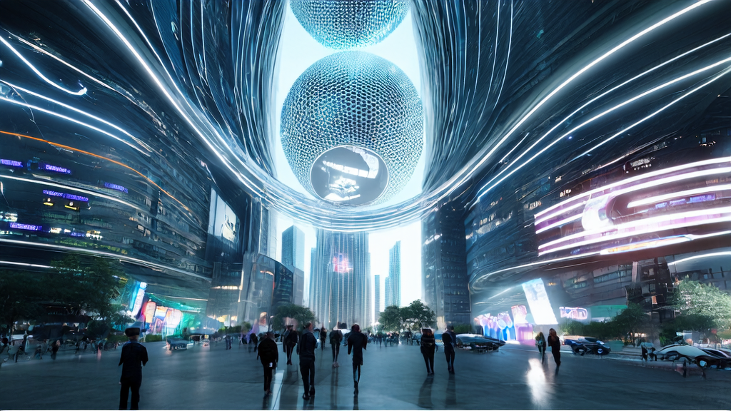 A futuristic cityscape showcasing AI-optimized advertising and Hume AI's voice conversion technology